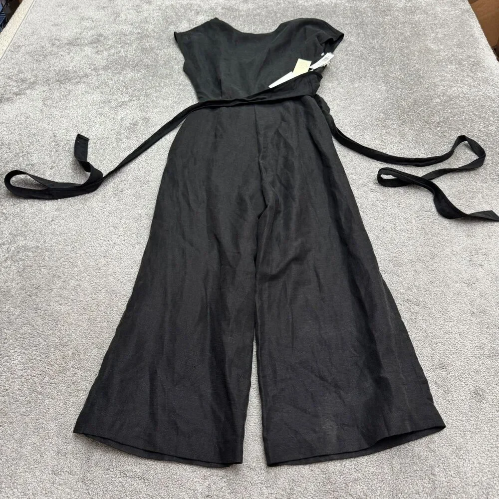 Aritzia Wilfred Brax Linen Blend Wide Leg Jumpsuit womens 4 Black Tie Waist NWD